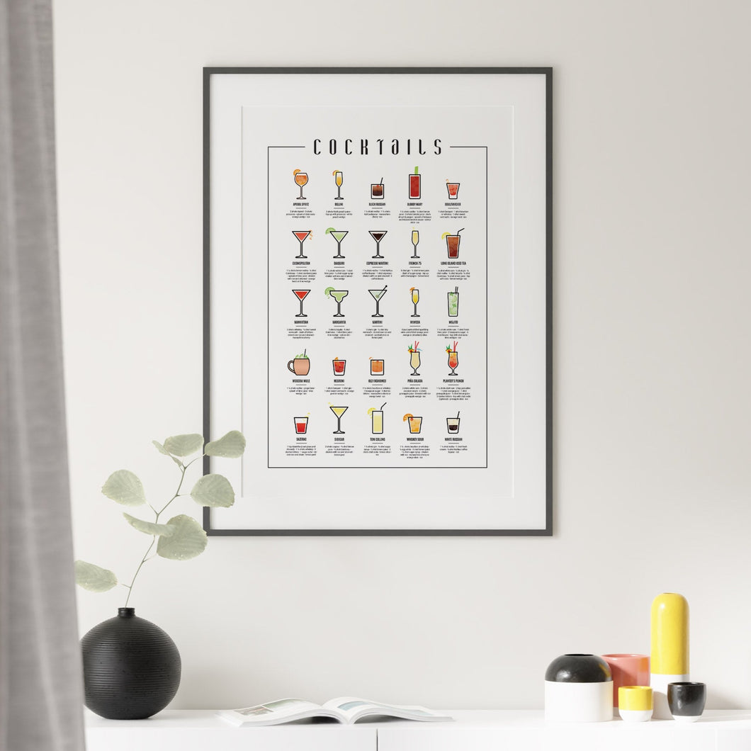Cocktail print featuring classic cocktail recipes