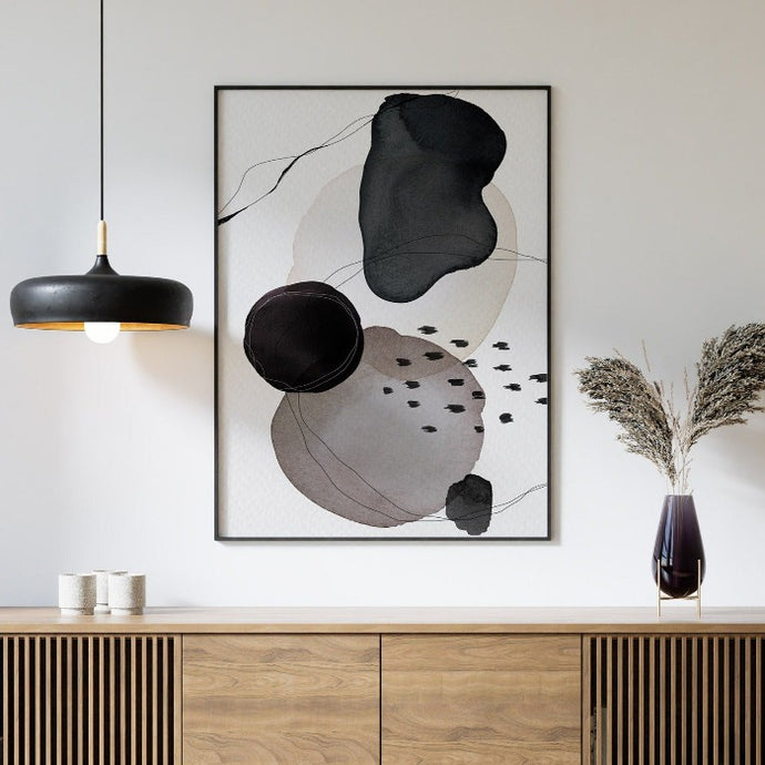 Scandinavian interior decor with an abstract art print in neutral colors