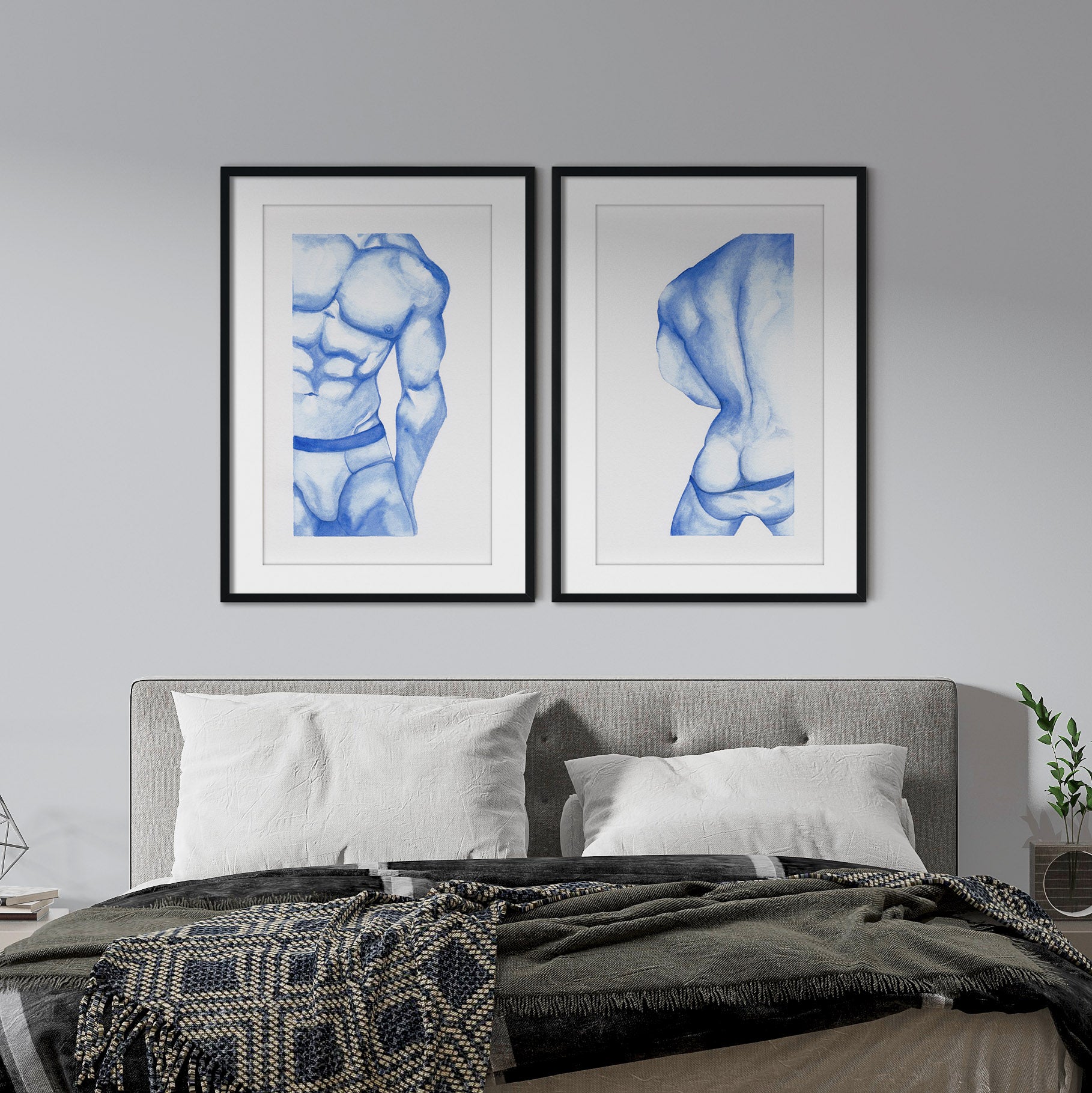 A set of 2 art prints featuring nude men painted in watercolor