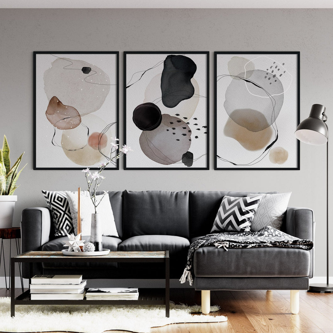 Scandinavian living room decor with a set of 3 abstract wall art prints