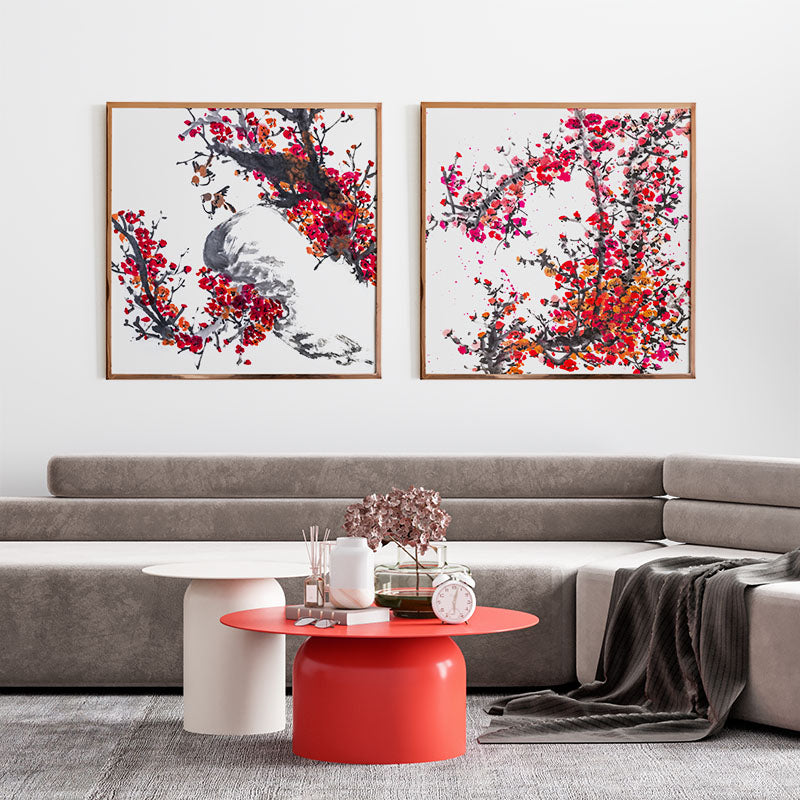 Modern living room with a set of 2 Japanese artworks