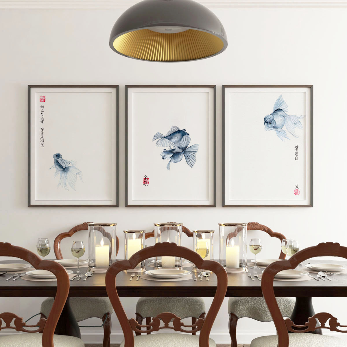 set of 3 chinese fish watercolor paintings