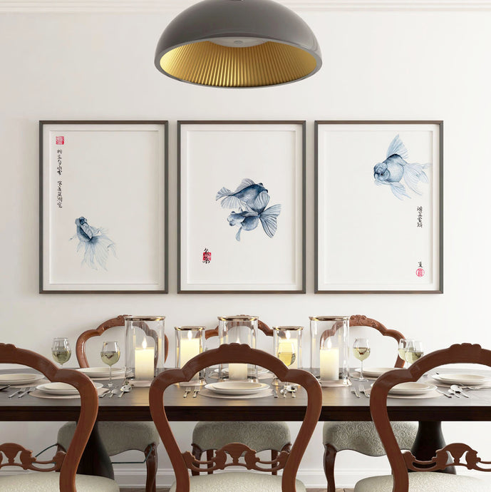 set of 3 chinese fish watercolor paintings