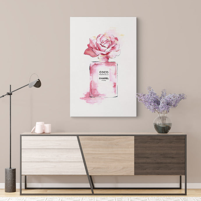 Watercolor artwork of a Chanel perfume bottle on canvas