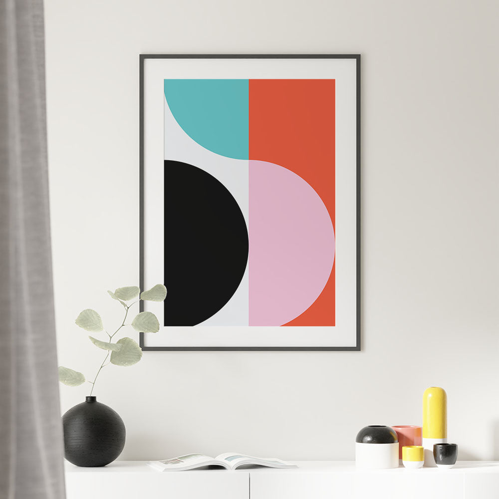 Mid century style interior with bright color block print