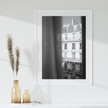 Load image into Gallery viewer, Black and white photography print featuring a Parisian street
