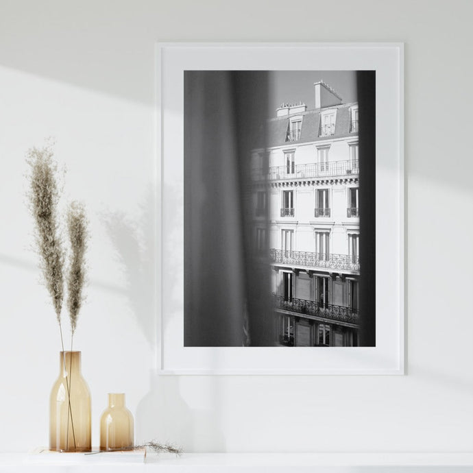 Black and white photography print featuring a Parisian street
