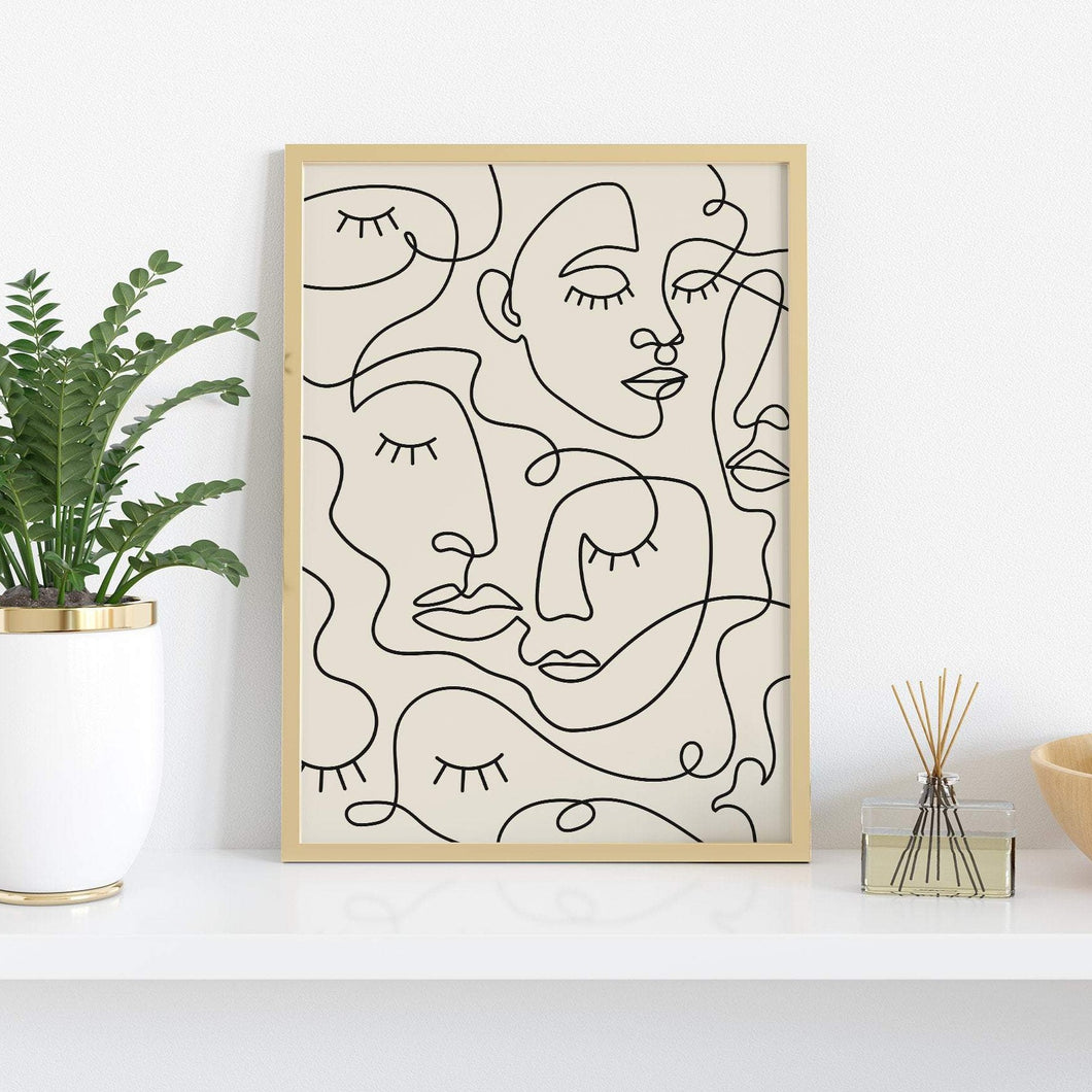 bohemian decor print featuring line art outlines of faces