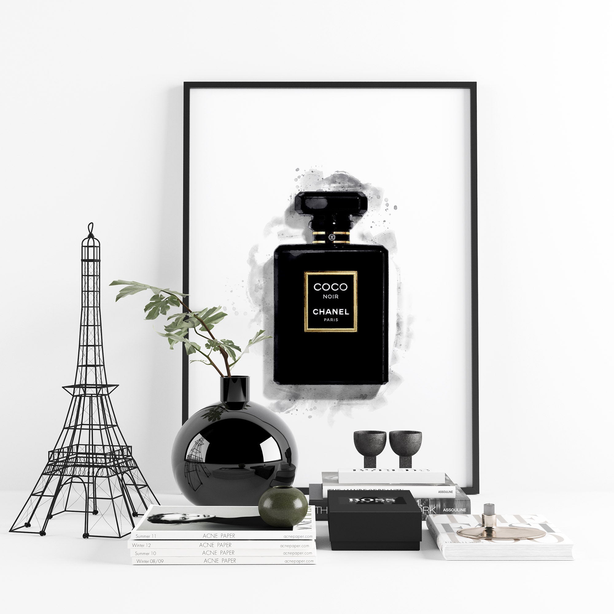 Watercolor Coco Noir Perfume Bottle Print | Coco Chanel Art Print | Black & White Perfume Poster –