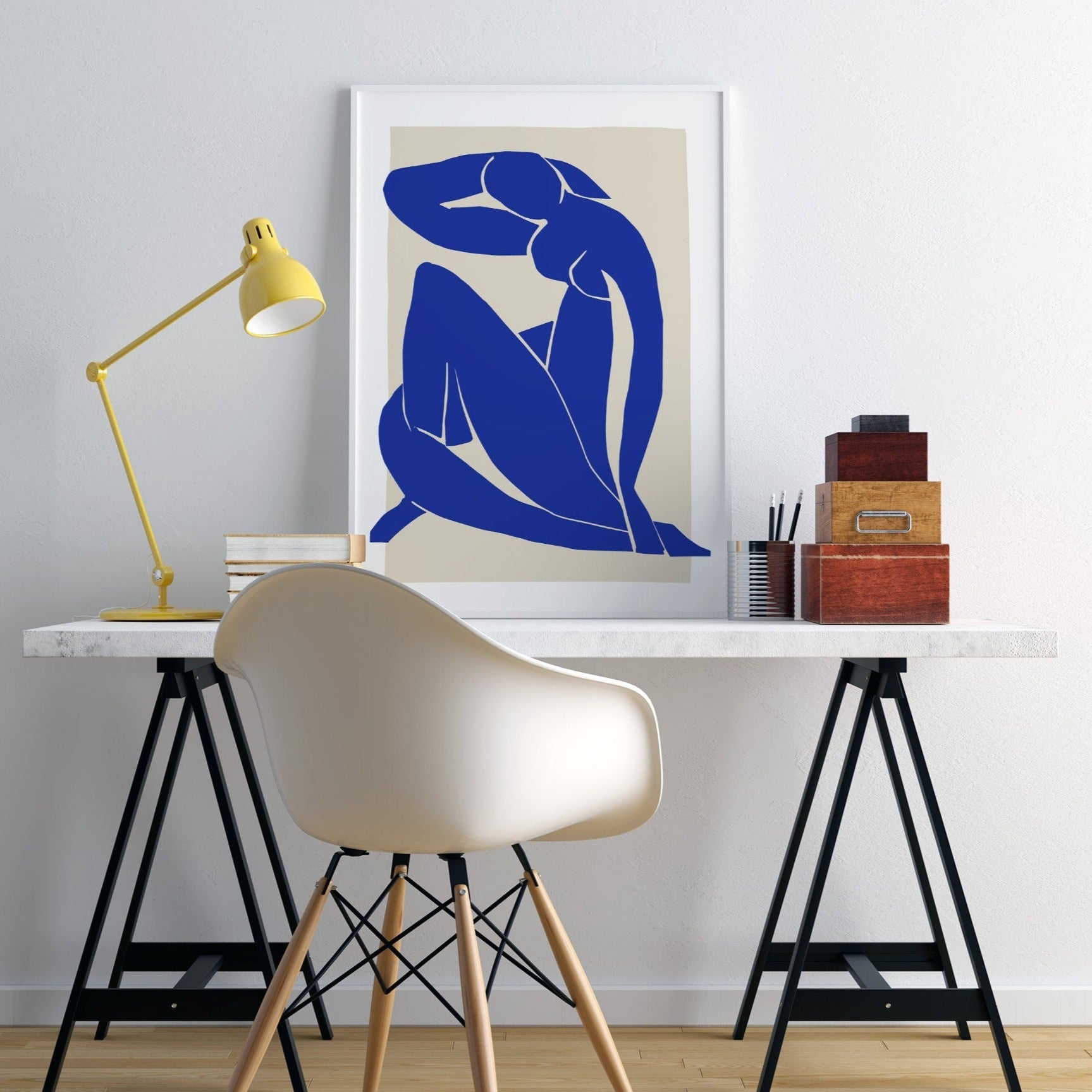 Eclectic interior with filled line art of a blue woman