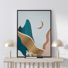 Load image into Gallery viewer, Gold moon art print in mid century modern style
