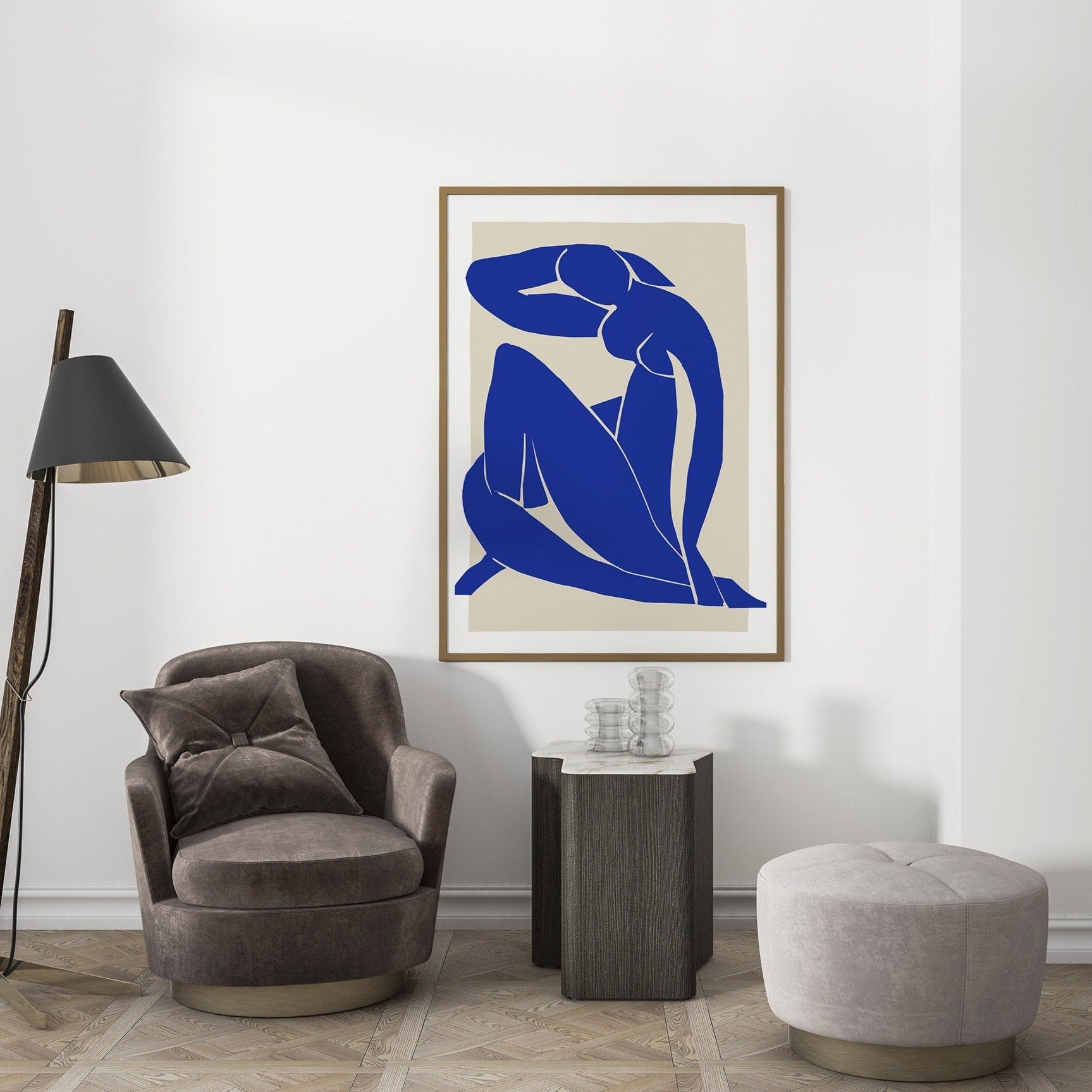 living room interior with Matisse nu Blue poster