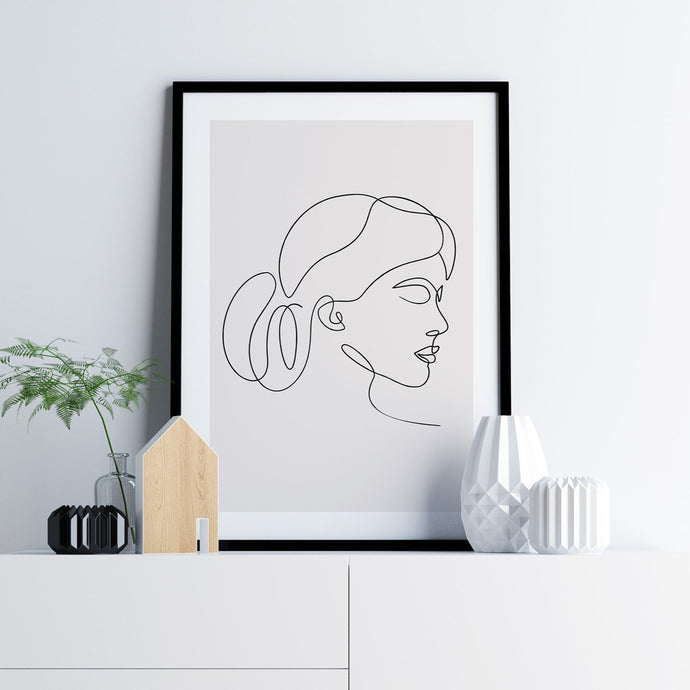 Line art poster featuring woman with hair in a bun