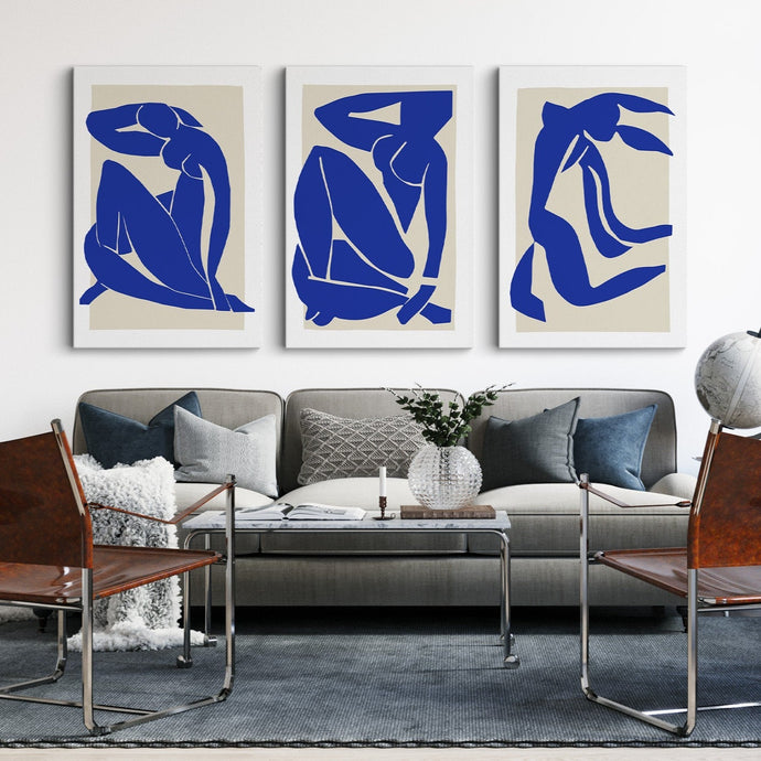 Set of 3 Matisse nu Blue canvas prints in a living room