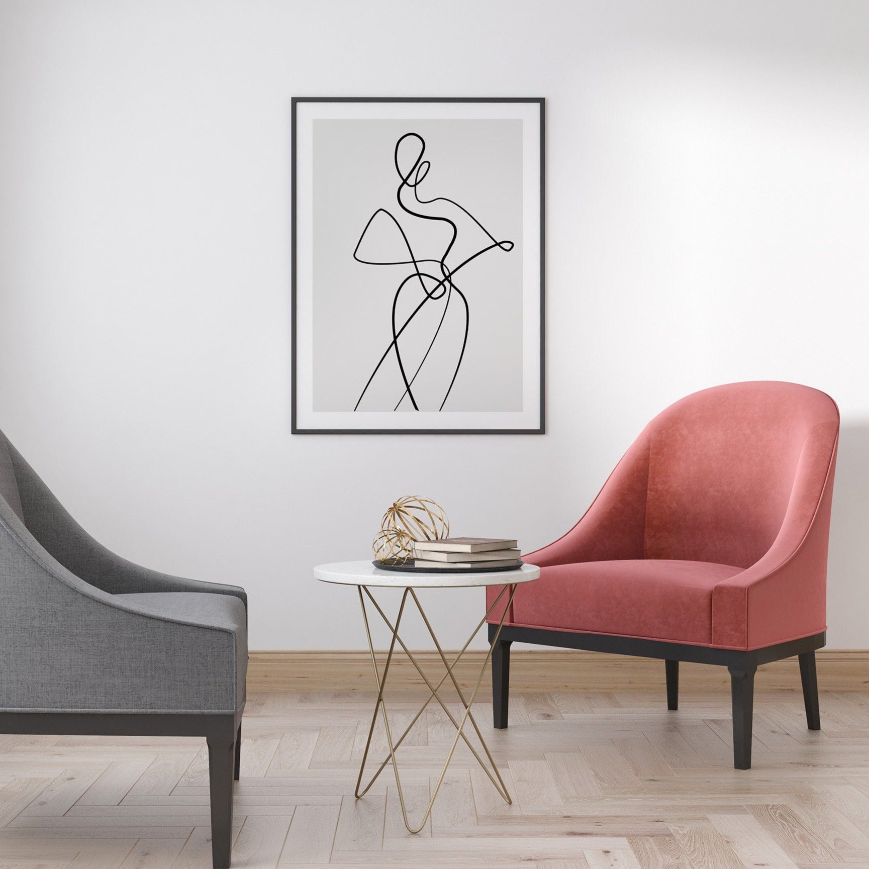Minimalist line art featuring abstract nude woman