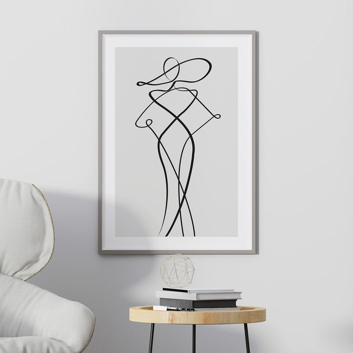 Line art print featuring a woman with hat
